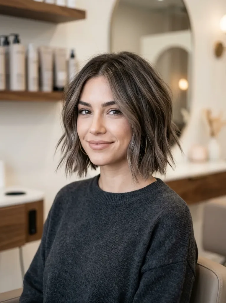 Ash brown balayage on a textured bob