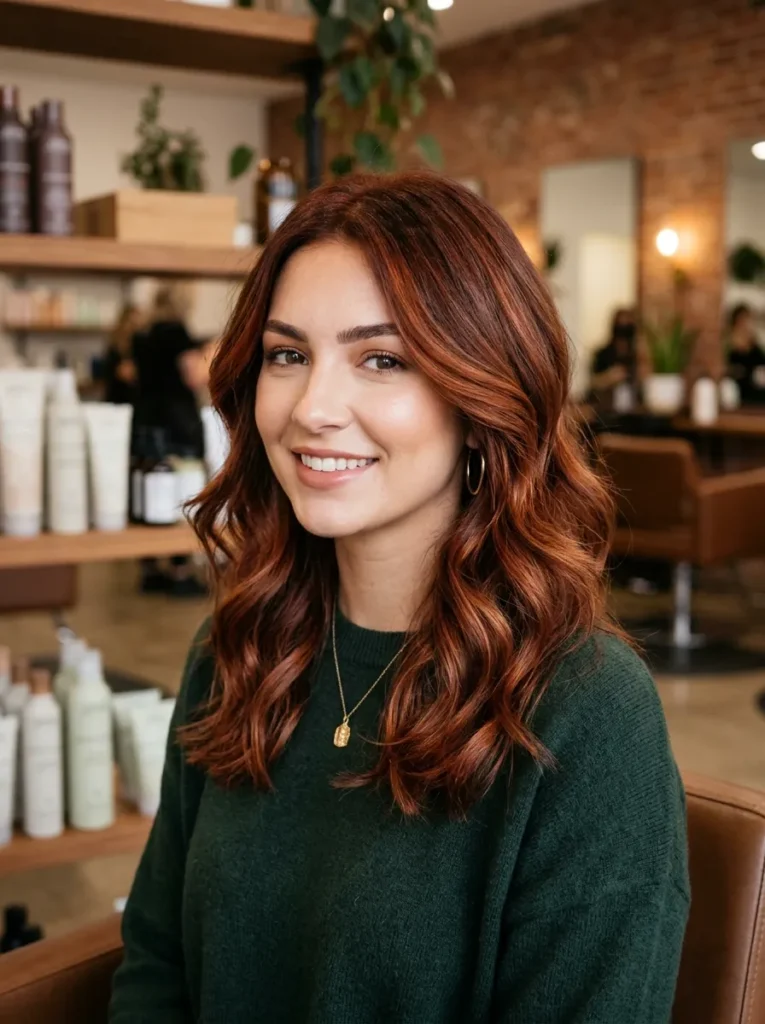 Auburn balayage on medium length layers