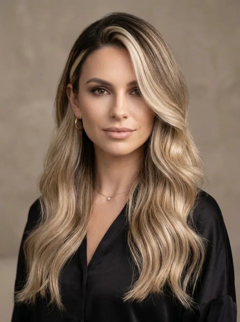 Beige blonde balayage with a long side part