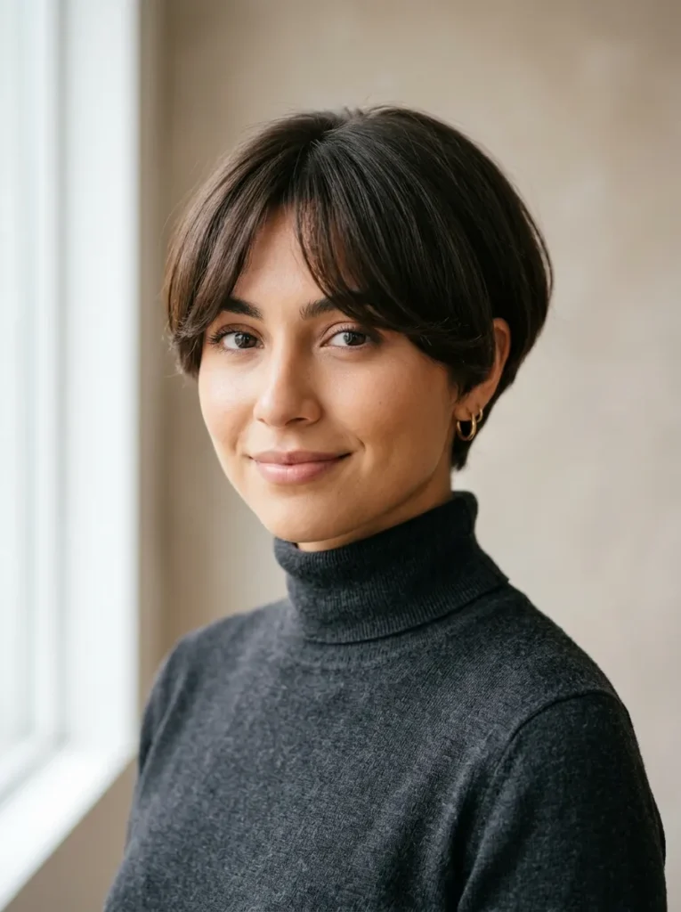 Bowl cut with curtain bangs