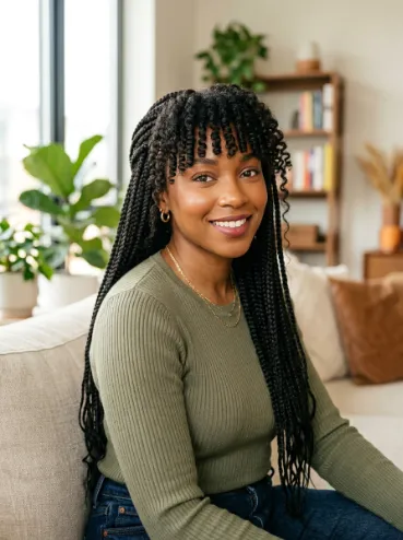 Box braids with curly bangs