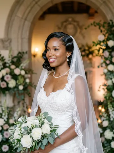 Bridal finger waves with a veil