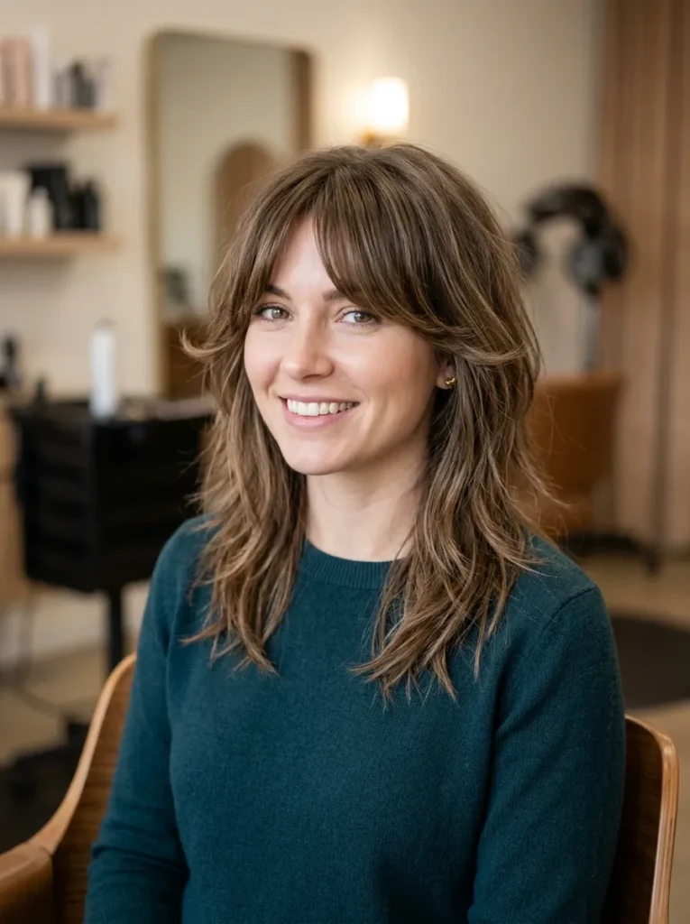 Choppy curtain bangs with medium layers