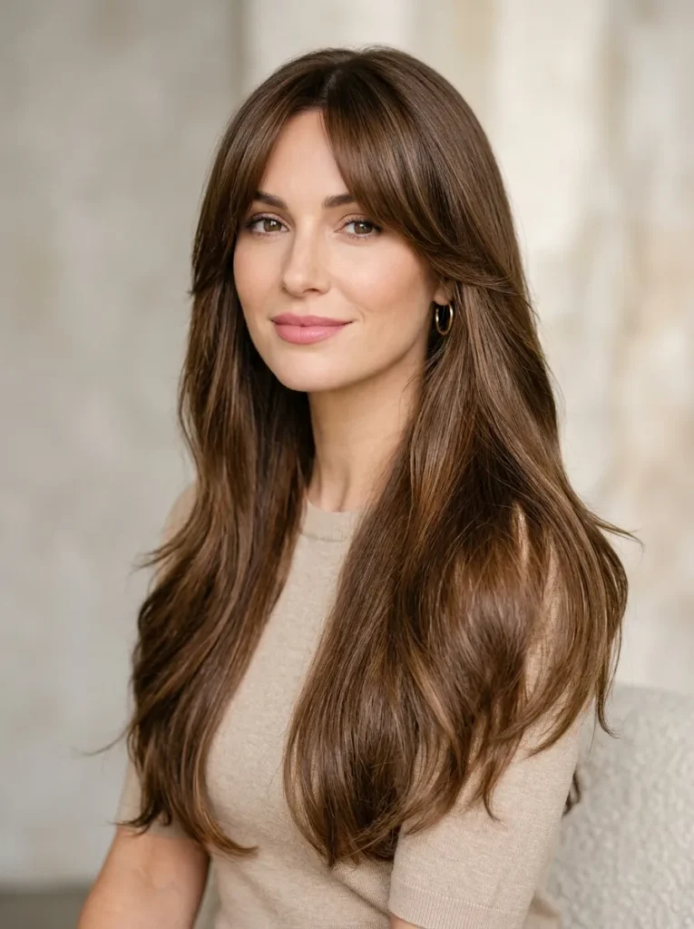 Classic curtain bangs with long layers