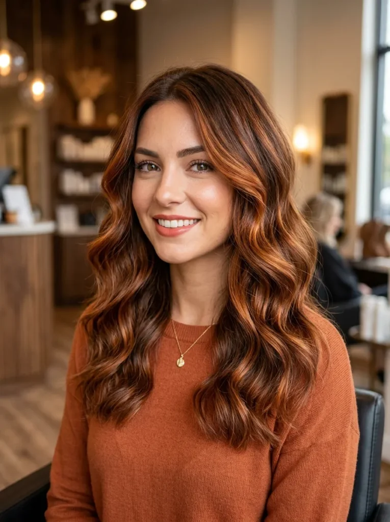 Copper balayage on wavy hair