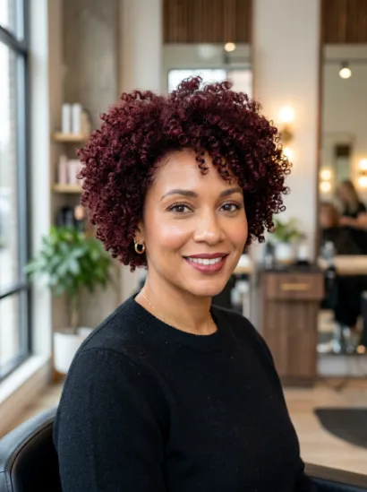 Curly dark red pixie