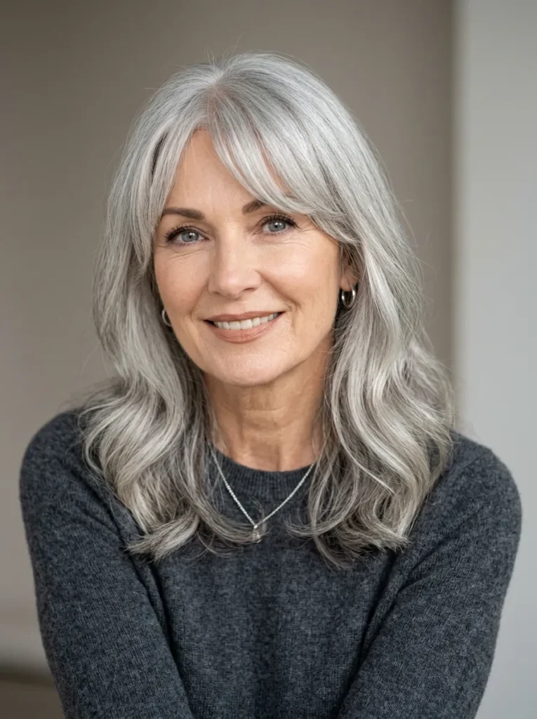 Curtain bangs on gray or silver hair