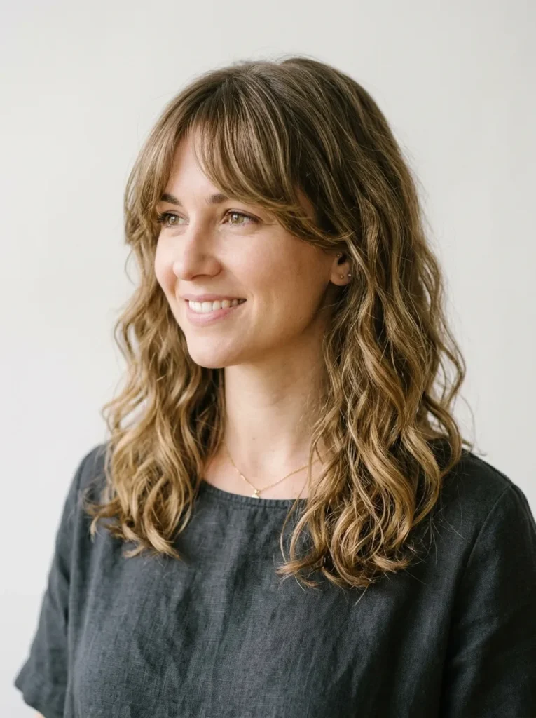 Curtain bangs on wavy hair