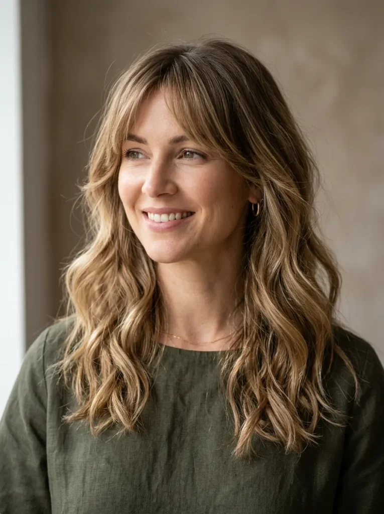 Curtain bangs with beach waves