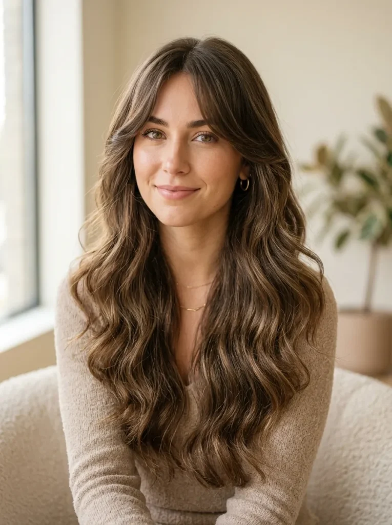Curtain bangs with loose waves