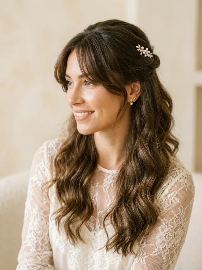 Curtain bangs with a half up half down style