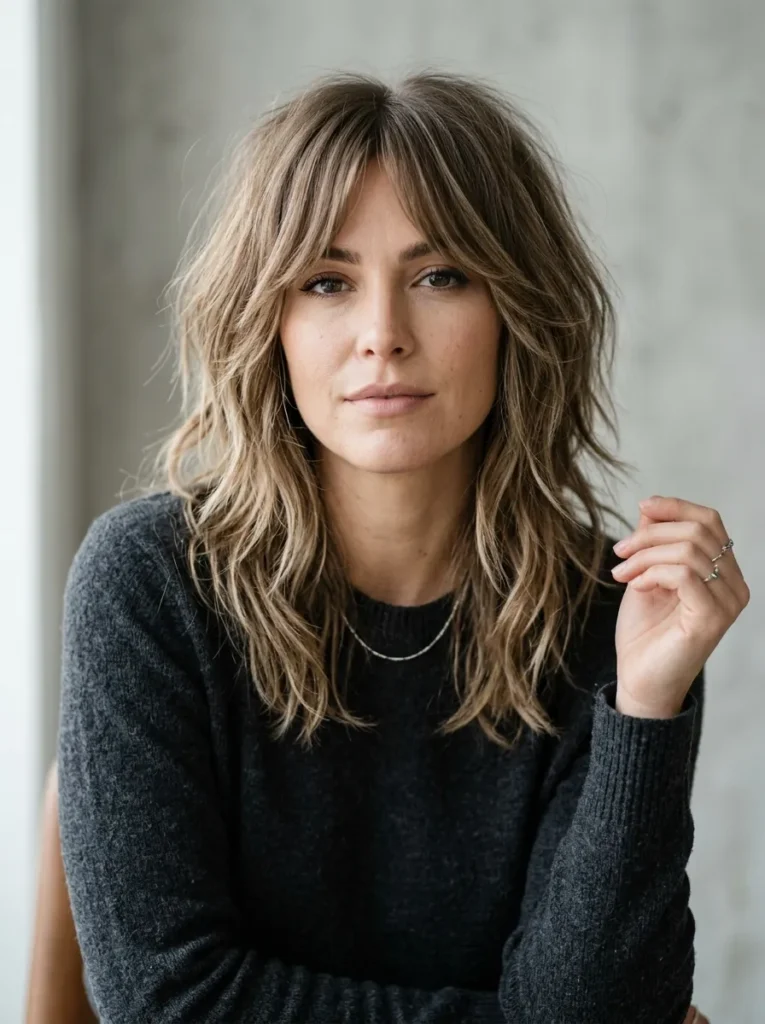 Curtain bangs with a shag cut