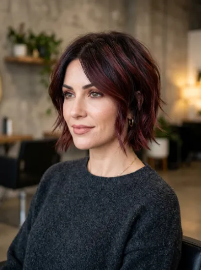 Dark red balayage on short hair