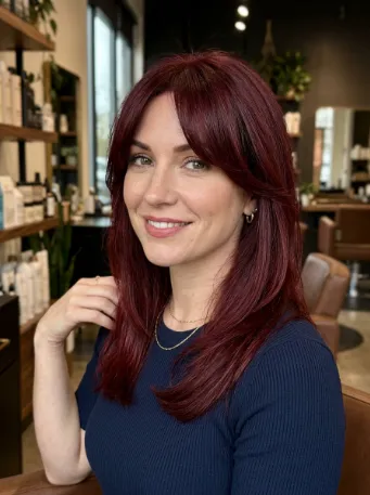 Dark red curtain bangs
