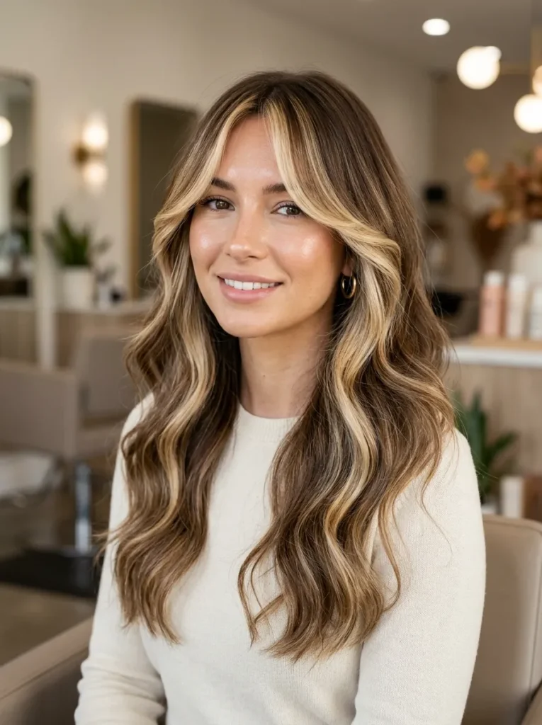 Face framing balayage with curtain bangs