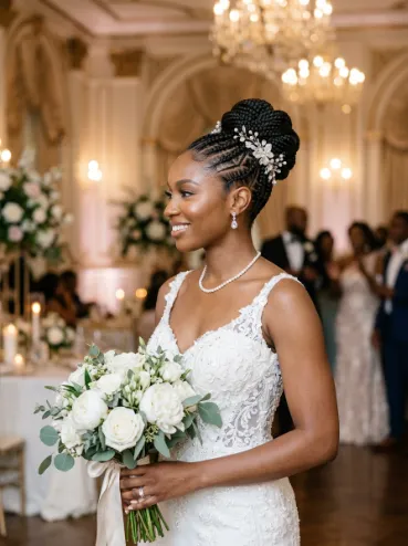 Feed in braids styled into an updo