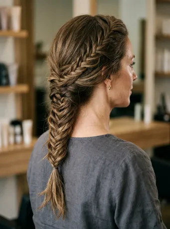 Fishtail braid over layered hair