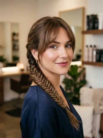 Fishtail braid with curtain bangs