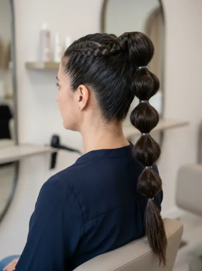 French braid into tiered ponytail