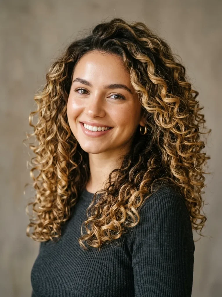 Golden blonde balayage on curly hair