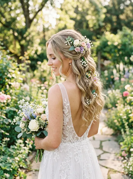 Half up with floral pins