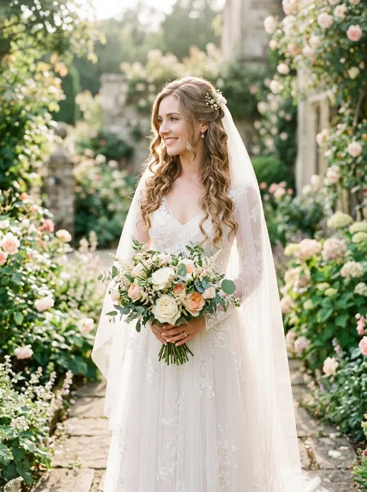Half up with a delicate veil