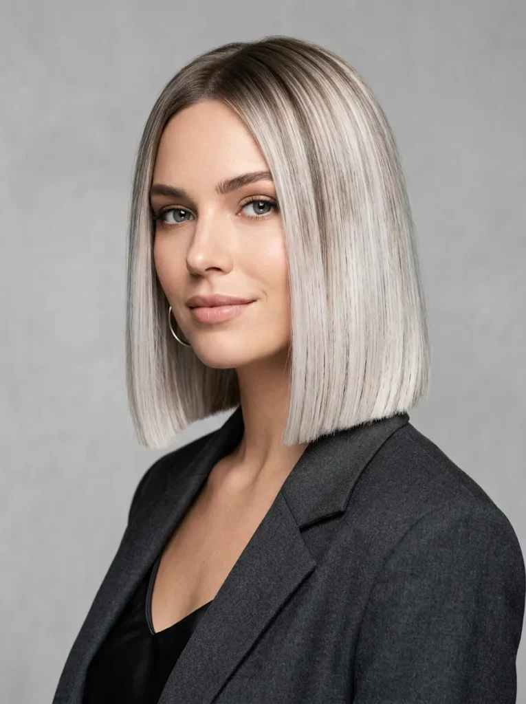 Icy blonde balayage on a sleek bob