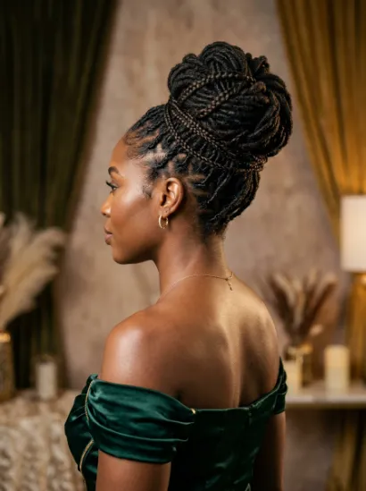 Loc updo with braided accents