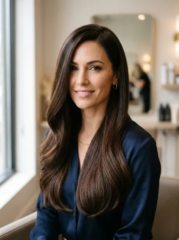 Long dark brown hair with side part