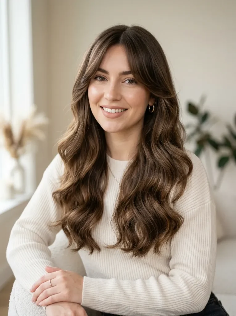 Loose waves with curtain bangs