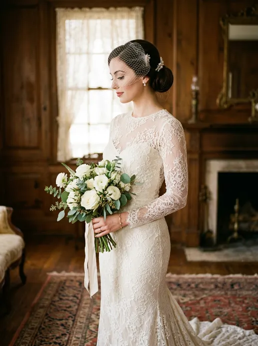 Low bun with a birdcage veil