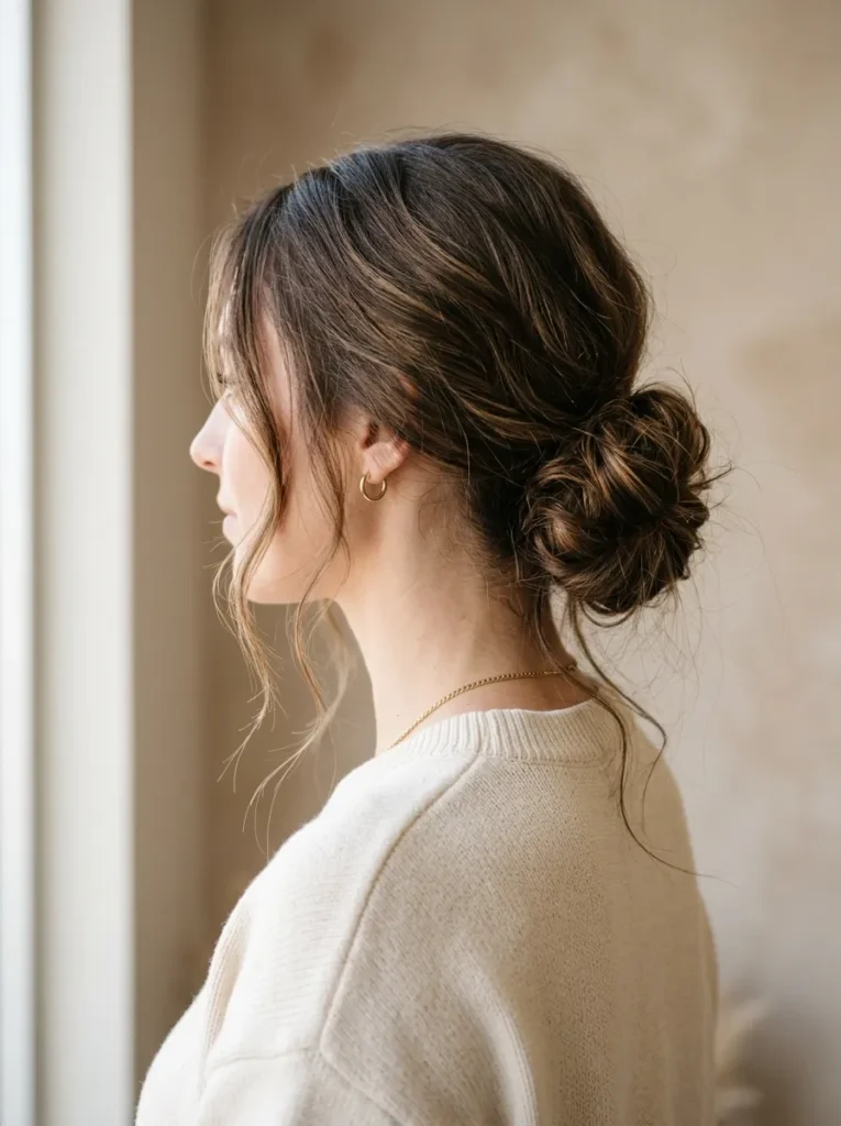 Low messy bun with loose pieces