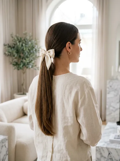 Low ponytail with a bow or scarf