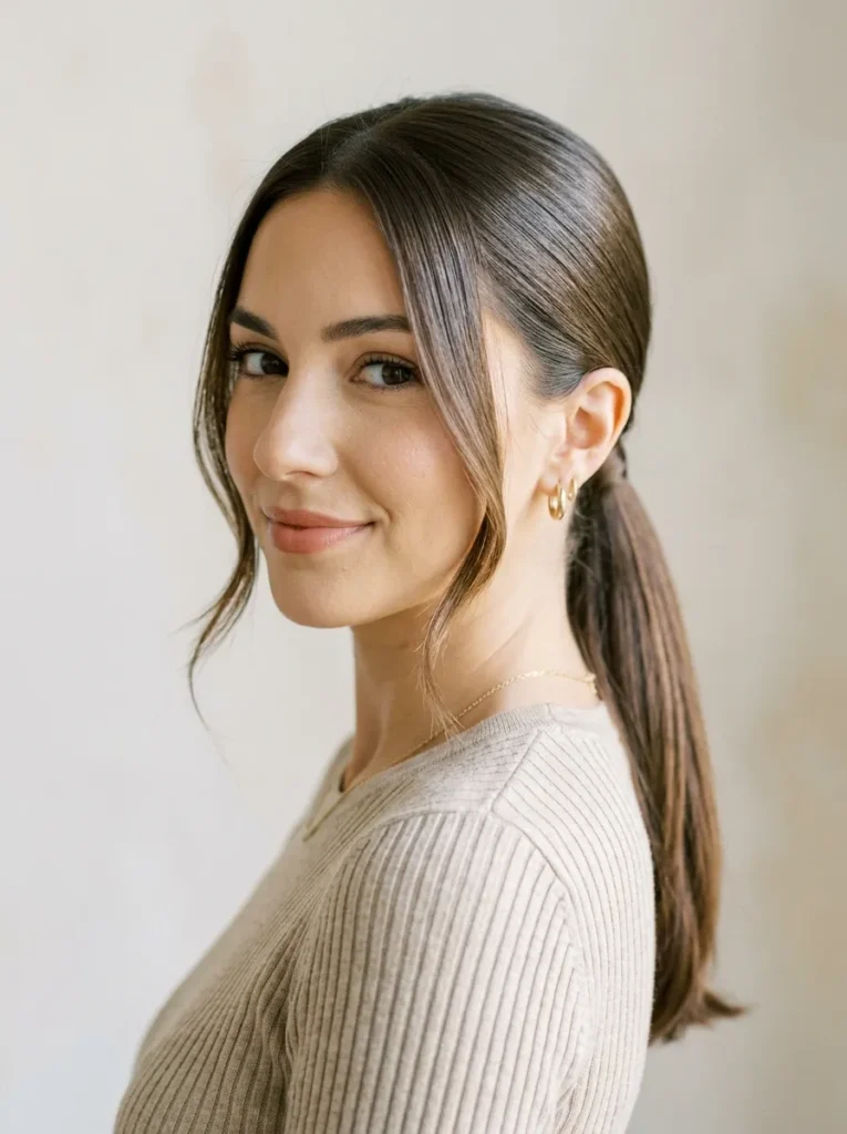 Sleek low ponytail with face framing pieces