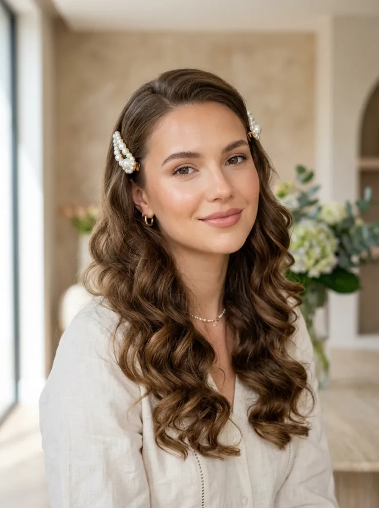 Soft curls with pearl clips