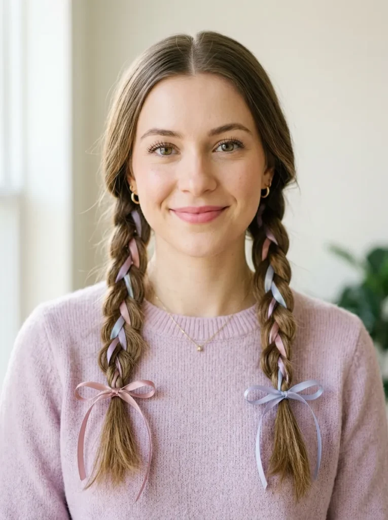 Twin braids with ribbons