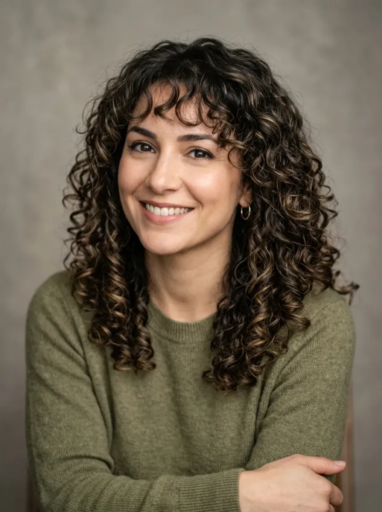 Wispy bangs with curly perm