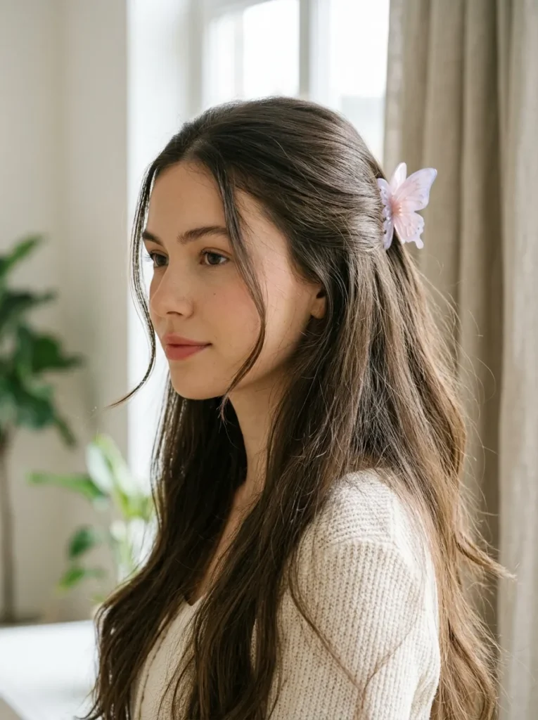 Classic half up butterfly clip style
