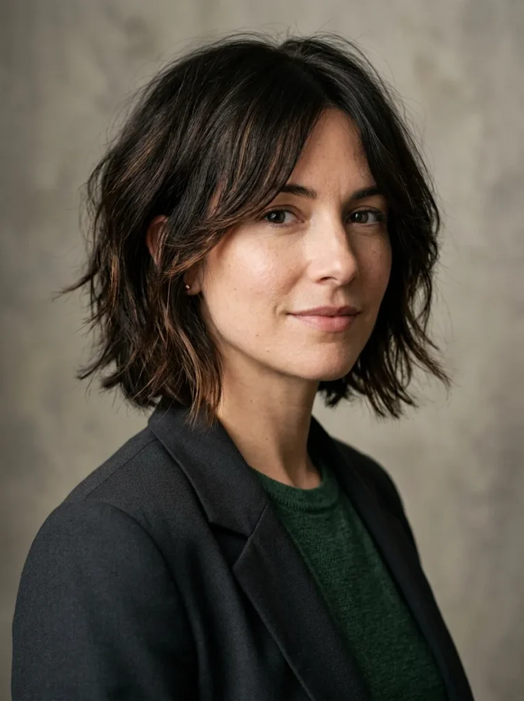 Dark brunette shaggy bob with face framing layers