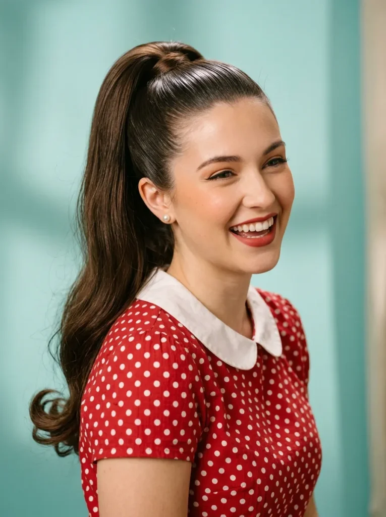 High ponytail with curled ends
