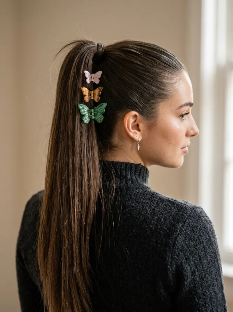 High ponytail with a clip cluster