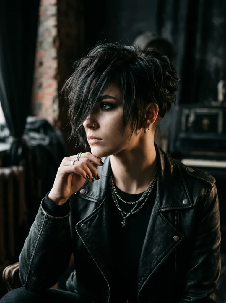 Long bangs pixie with a shaved nape