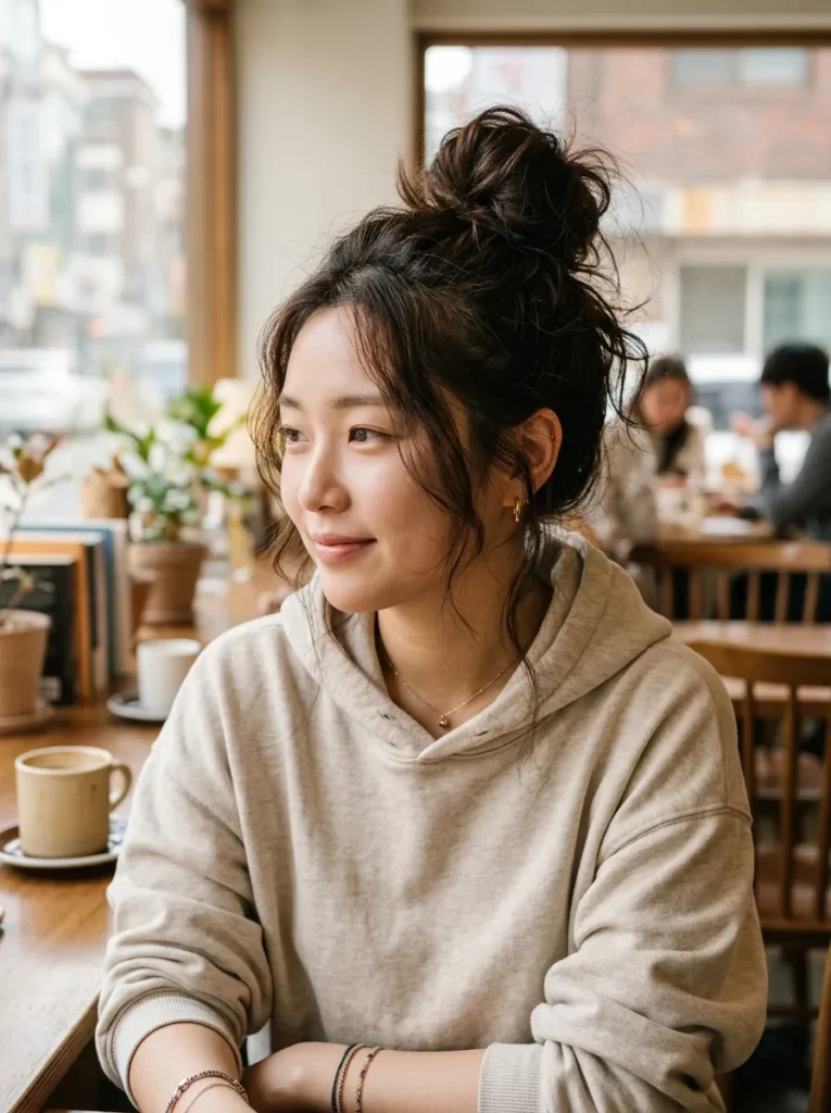 Messy bun with wispy strands