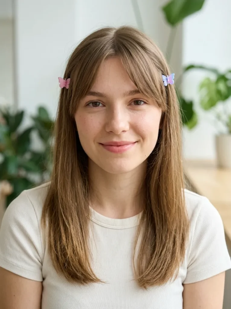 Pinned back bangs with two clips