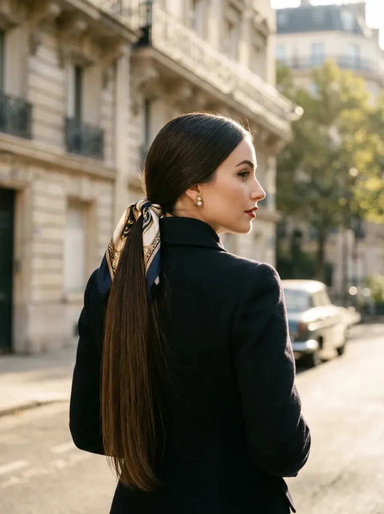Sleek low ponytail with a scarf