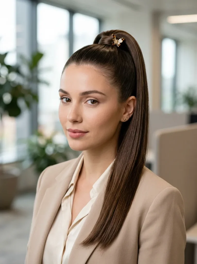 Sleek ponytail with a clip at the base