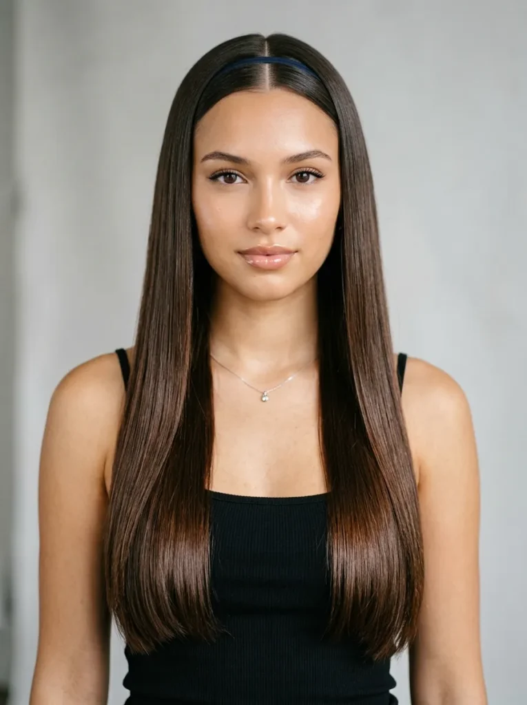 Sleek straight hair with a middle part