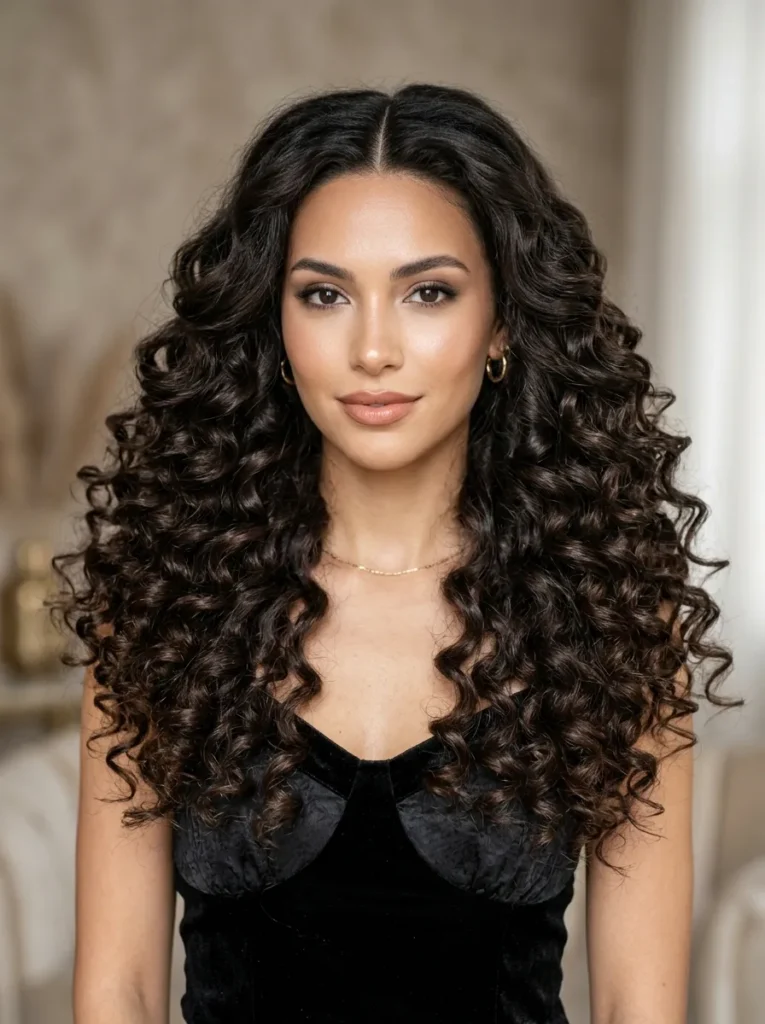 The voluminous long curls with a middle part